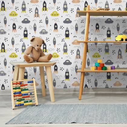 Tapeta Kosmos, Chmurki, Rakiety, Do Pokoju Dziecka