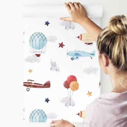 Tapeta Dziecięca Zwierzątka Samoloty Balony Chmury