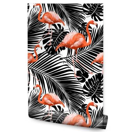 Tapeta Flamingi I Czarne Egzotyczne Liście