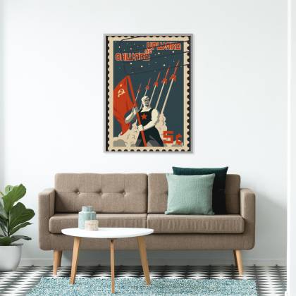 Plakat Znaczek Pocztowy Z Rakietami W Stylu Retro Rama Aluminiowa Kolor Srebrny