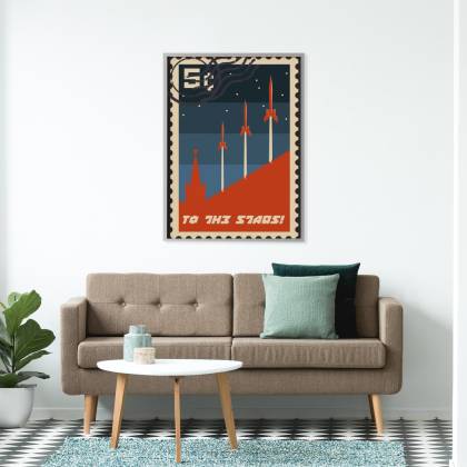 Plakat Znaczek Pocztowy Z Rakietami Kosmicznymi Retro Rama Aluminiowa Kolor Srebrny