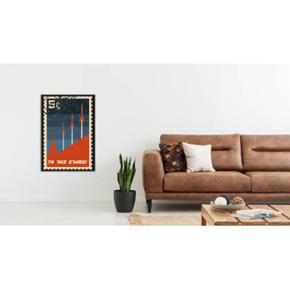 Plakat Znaczek Pocztowy Z Rakietami Kosmicznymi Retro Rama Aluminiowa Kolor Srebrny