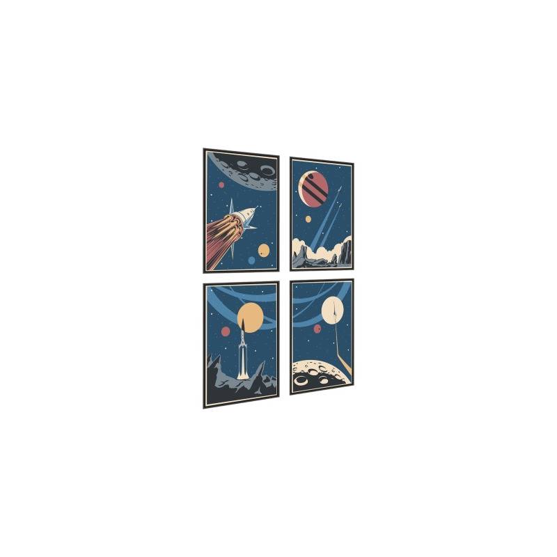 Plakat Wieloczęściowy Set Rakiety Kosmiczne Planety I Napisy W Stylu Retro Rama Aluminiowa Kolor Czarny