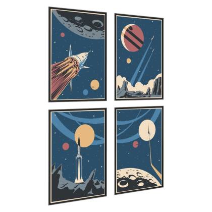 Plakat Wieloczęściowy Set Rakiety Kosmiczne Planety I Napisy W Stylu Retro Rama Aluminiowa Kolor Srebrny