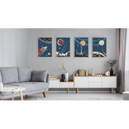 Plakat Wieloczęściowy Set Rakiety Kosmiczne Planety I Napisy W Stylu Retro Rama Aluminiowa Kolor Srebrny