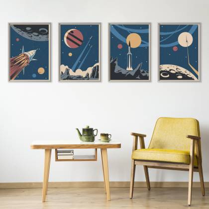 Plakat Wieloczęściowy Set Rakiety Kosmiczne Planety I Napisy W Stylu Retro Rama Aluminiowa Kolor Srebrny