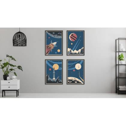 Plakat Wieloczęściowy Set Rakiety Kosmiczne Planety I Napisy W Stylu Retro Rama Aluminiowa Kolor Srebrny