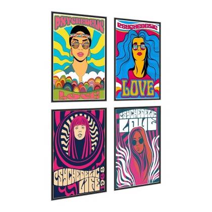 Plakat Wieloczęściowy Set Kolorowe Portrety Kobiet W Stylu Hippie Rama Aluminiowa Kolor Czarny
