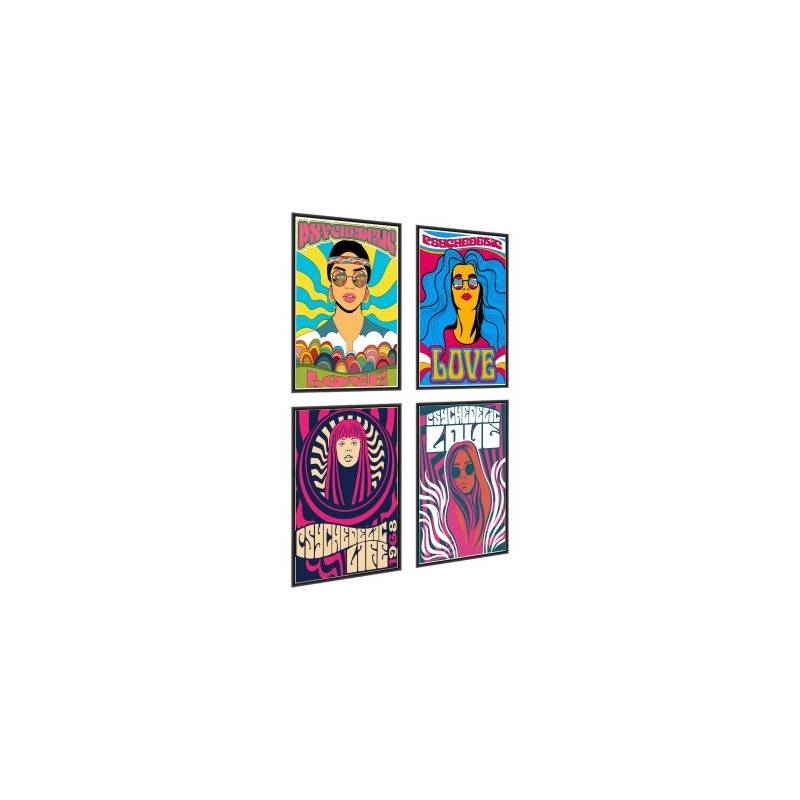 Plakat Wieloczęściowy Set Kolorowe Portrety Kobiet W Stylu Hippie Rama Aluminiowa Kolor Czarny