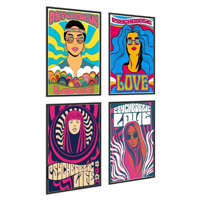 Plakat Wieloczęściowy Set Kolorowe Portrety Kobiet W Stylu Hippie Rama Aluminiowa Kolor Srebrny