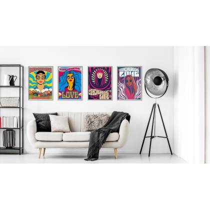 Plakat Wieloczęściowy Set Kolorowe Portrety Kobiet W Stylu Hippie Rama Aluminiowa Kolor Srebrny