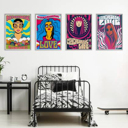 Plakat Wieloczęściowy Set Kolorowe Portrety Kobiet W Stylu Hippie Rama Aluminiowa Kolor Srebrny