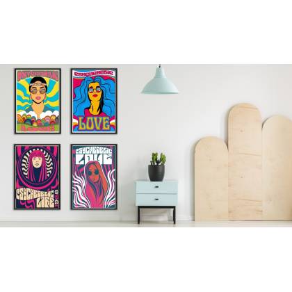 Plakat Wieloczęściowy Set Kolorowe Portrety Kobiet W Stylu Hippie Rama Aluminiowa Kolor Srebrny