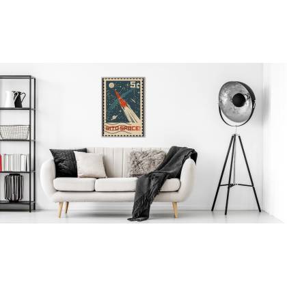 Plakat Znaczek Pocztowy Retro Z Rakietą W Kosmosie Rama Aluminiowa Kolor Czarny