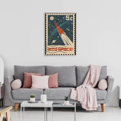 Plakat Znaczek Pocztowy Retro Z Rakietą W Kosmosie Rama Aluminiowa Kolor Czarny