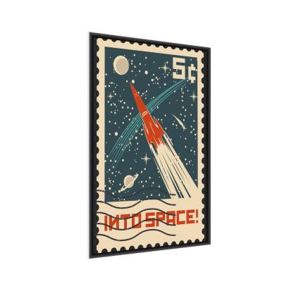 Plakat Znaczek Pocztowy Retro Z Rakietą W Kosmosie Rama Aluminiowa Kolor Srebrny