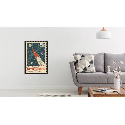 Plakat Znaczek Pocztowy Retro Z Rakietą W Kosmosie Rama Aluminiowa Kolor Srebrny