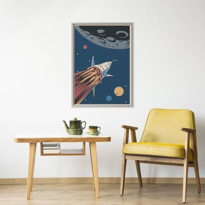 Plakat Rakieta Kosmiczna I Planety W Stylu Retro Rama Aluminiowa Kolor Czarny