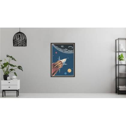 Plakat Rakieta Kosmiczna I Planety W Stylu Retro Rama Aluminiowa Kolor Czarny