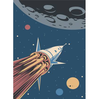 Plakat Rakieta Kosmiczna I Planety W Stylu Retro Rama Aluminiowa Kolor Srebrny