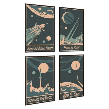 Plakat Wieloczęściowy Set Rakiety Kosmiczne Planety I Napisy W Stylu Vintage Rama Aluminiowa Kolor Czarny