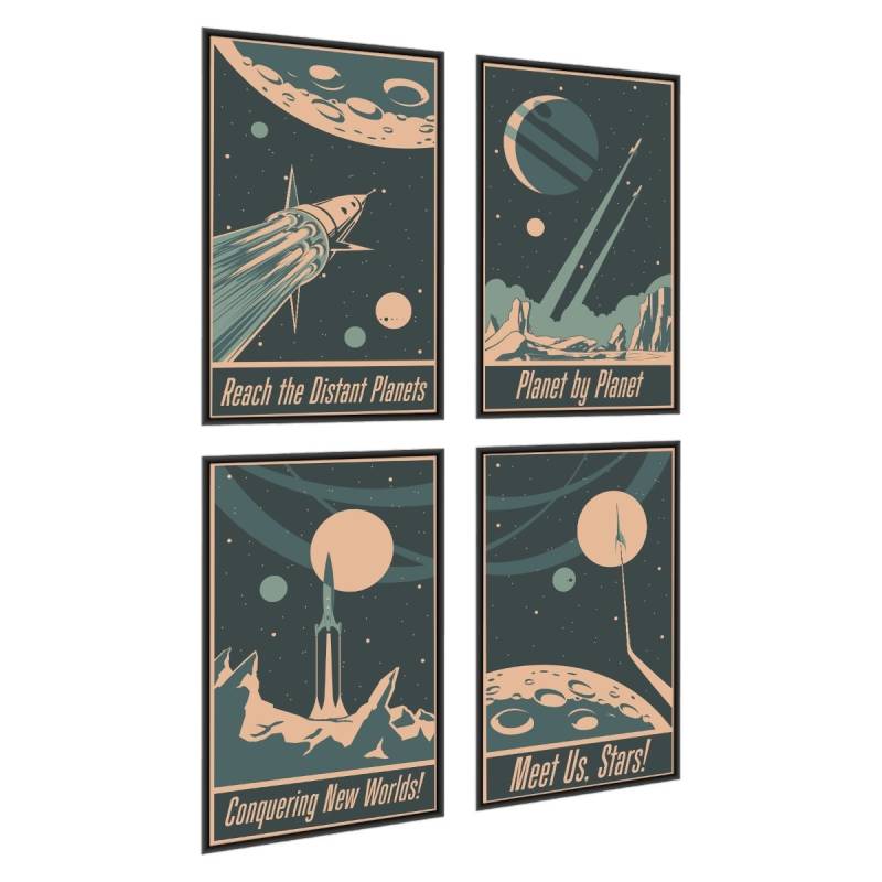 Plakat Wieloczęściowy Set Rakiety Kosmiczne Planety I Napisy W Stylu Vintage Rama Aluminiowa Kolor Czarny