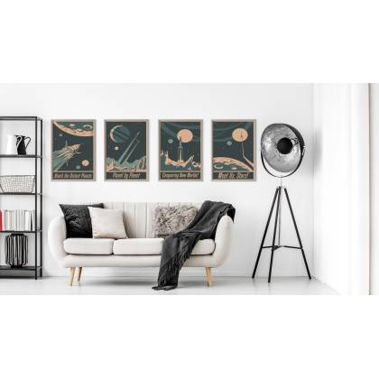 Plakat Wieloczęściowy Set Rakiety Kosmiczne Planety I Napisy W Stylu Vintage Rama Aluminiowa Kolor Czarny