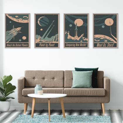 Plakat Wieloczęściowy Set Rakiety Kosmiczne Planety I Napisy W Stylu Vintage Rama Aluminiowa Kolor Czarny