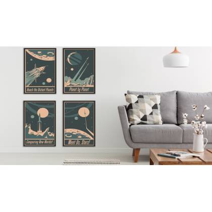 Plakat Wieloczęściowy Set Rakiety Kosmiczne Planety I Napisy W Stylu Vintage Rama Aluminiowa Kolor Czarny