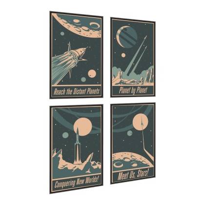 Plakat Wieloczęściowy Set Rakiety Kosmiczne Planety I Napisy W Stylu Vintage Rama Aluminiowa Kolor Srebrny