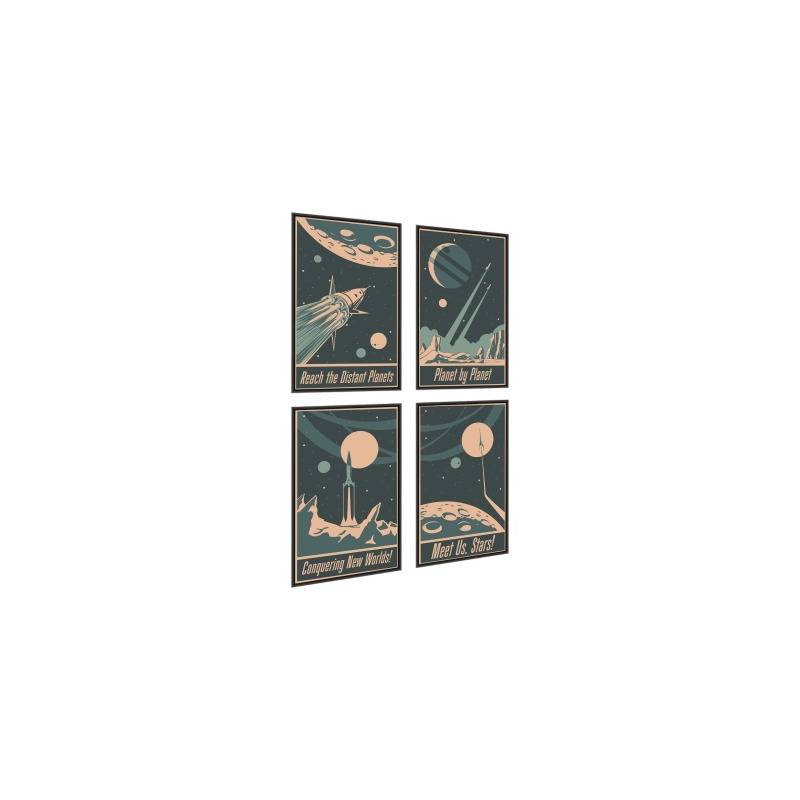 Plakat Wieloczęściowy Set Rakiety Kosmiczne Planety I Napisy W Stylu Vintage Rama Aluminiowa Kolor Srebrny