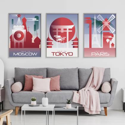 Plakat Wieloczęściowy Set Kolorowe Kontury Znanych Stolic Rama Aluminiowa Kolor Srebrny