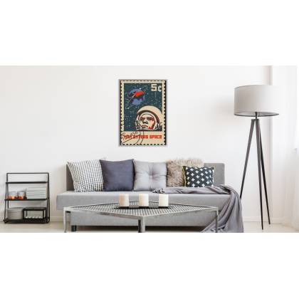 Plakat Znaczek Pocztowy Vintage Z Astronautą I Ziemią Rama Aluminiowa Kolor Czarny