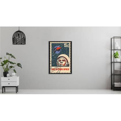 Plakat Znaczek Pocztowy Vintage Z Astronautą I Ziemią Rama Aluminiowa Kolor Czarny