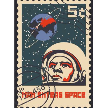 Plakat Znaczek Pocztowy Vintage Z Astronautą I Ziemią Rama Aluminiowa Kolor Srebrny