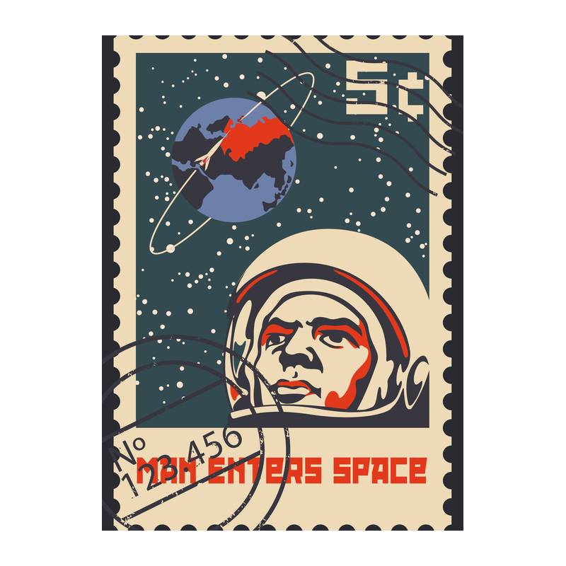 Plakat Znaczek Pocztowy Vintage Z Astronautą I Ziemią Rama Aluminiowa Kolor Srebrny