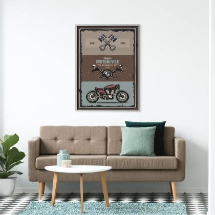 Plakat Motocykl Z Akcesoriami I Napisami W Stylu Vintage Rama Aluminiowa Kolor Czarny