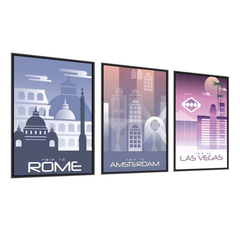 Plakat Wieloczęściowy Set Kolorowe Zarysy Popularnych Miast Rama Aluminiowa Kolor Czarny