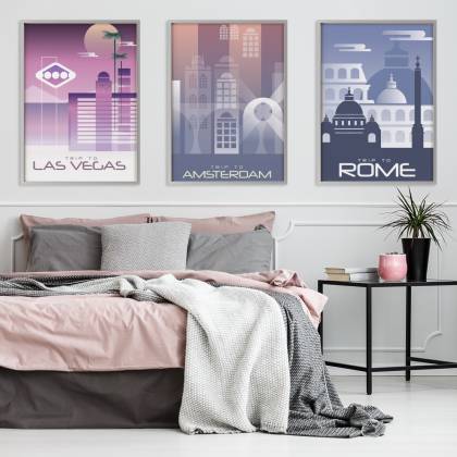 Plakat Wieloczęściowy Set Kolorowe Zarysy Popularnych Miast Rama Aluminiowa Kolor Czarny
