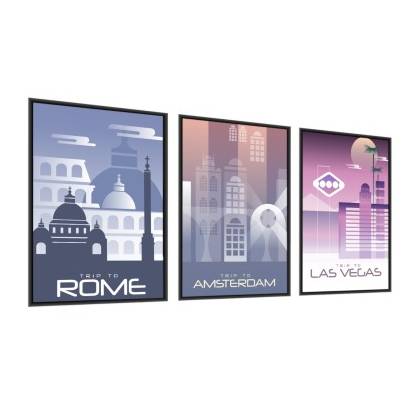 Plakat Wieloczęściowy Set Kolorowe Zarysy Popularnych Miast Rama Aluminiowa Kolor Srebrny