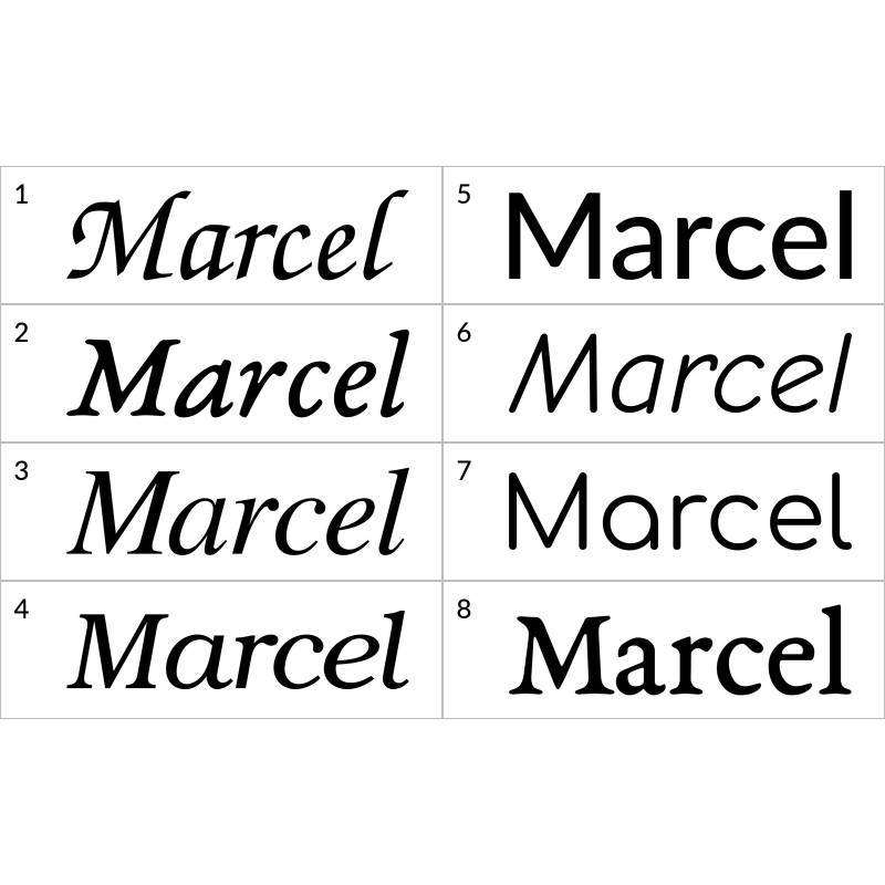 Naklejka dekoracyjna Imiona, imię: Marcel, naklejki dla dzieci – 8 wzorów pisma